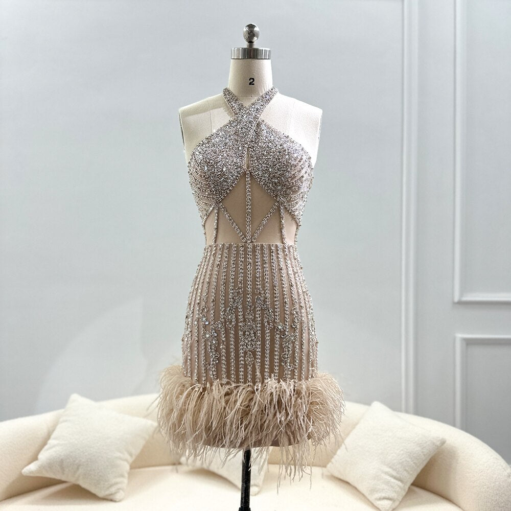 Luxury Feathers Nude Crystal Halter Neck Mini Evening Dresses SS312