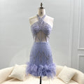 Luxury Feathers Nude Crystal Halter Neck Mini Evening Dresses SS312