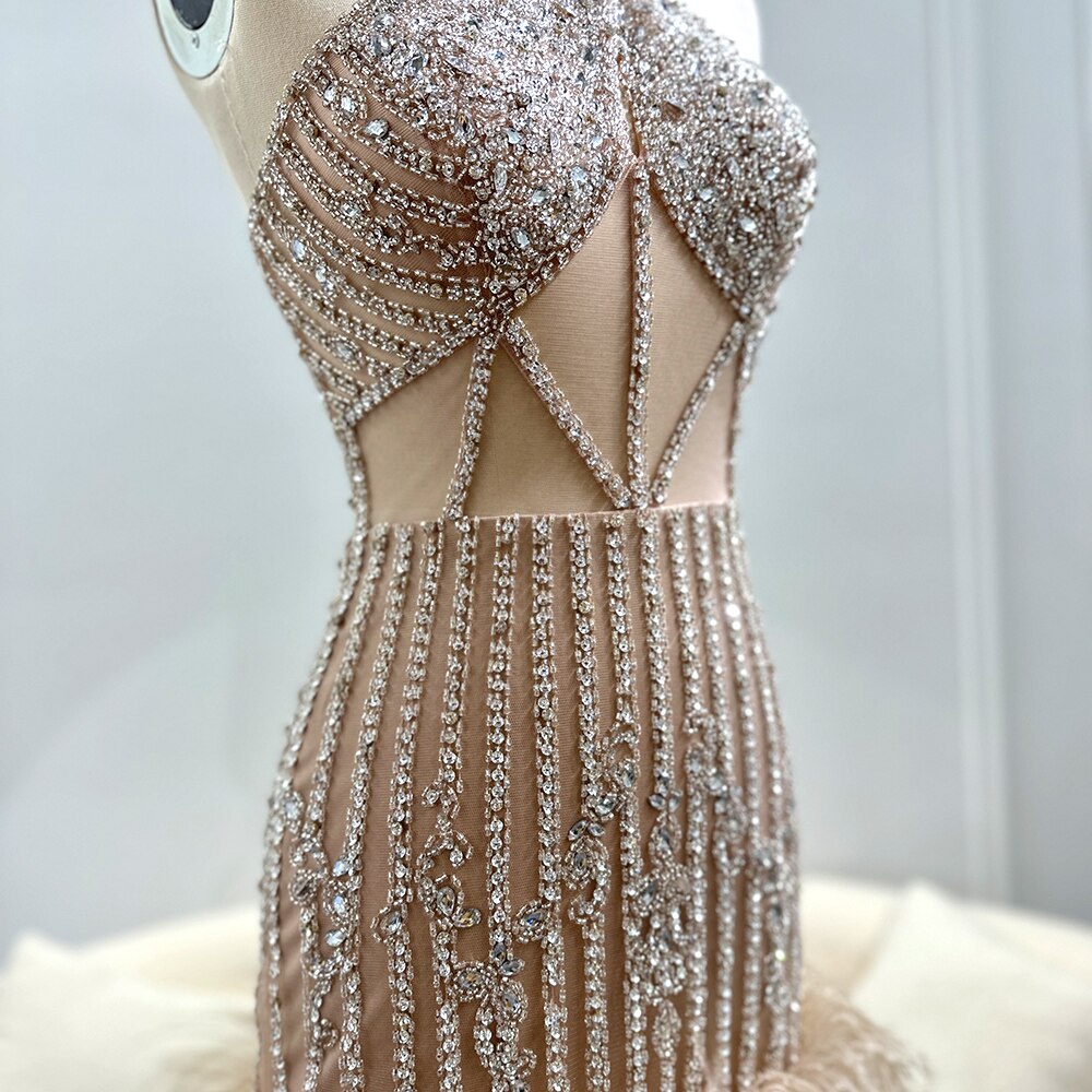 Luxury Feathers Nude Crystal Halter Neck Mini Evening Dresses SS312