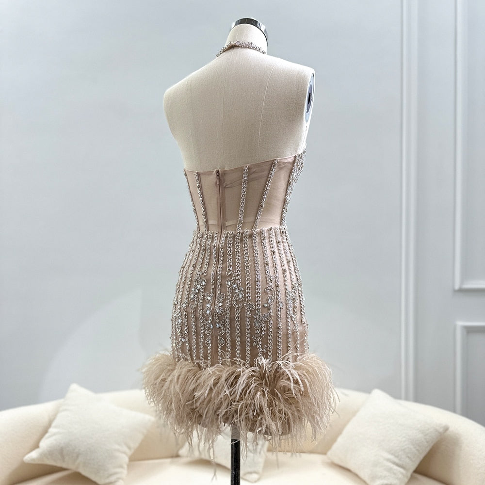 Luxury Feathers Nude Crystal Halter Neck Mini Evening Dresses SS312