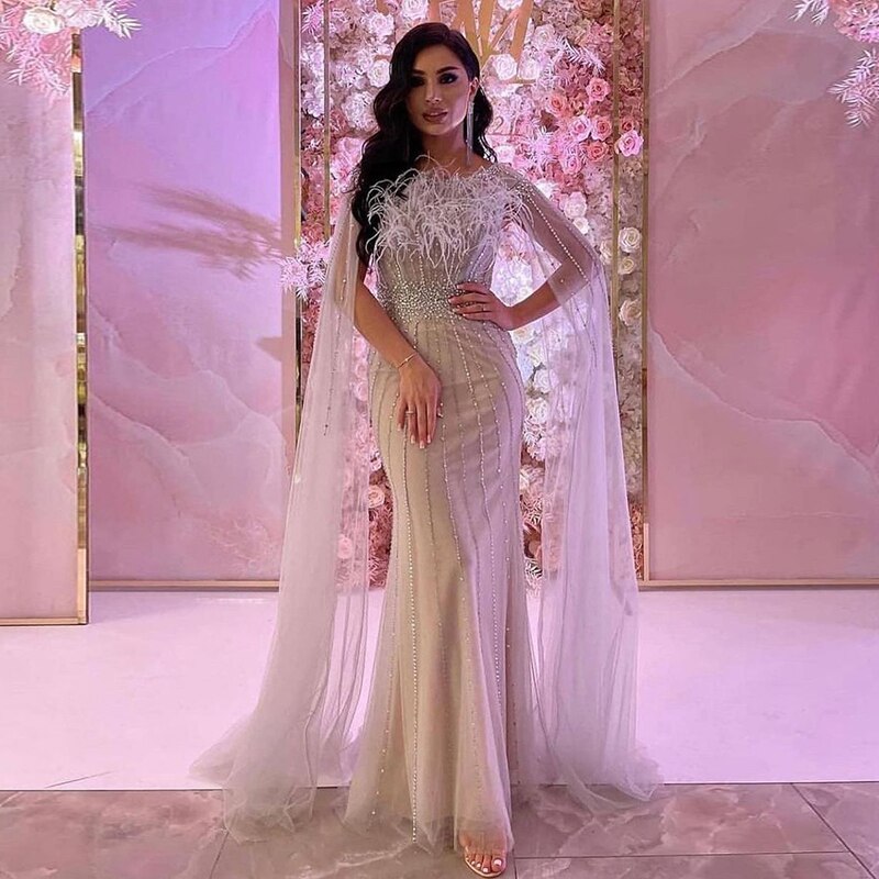 Luxury Feathers Silver Nude Evening Dress with Cape Sleeves SS348