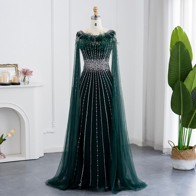 Luxury Feathers Silver Nude Evening Dress with Cape Sleeves SS348