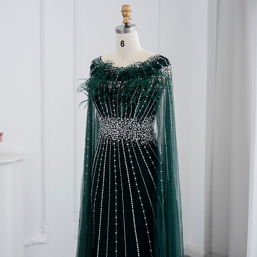 Luxury Feathers Silver Nude Evening Dress with Cape Sleeves SS348