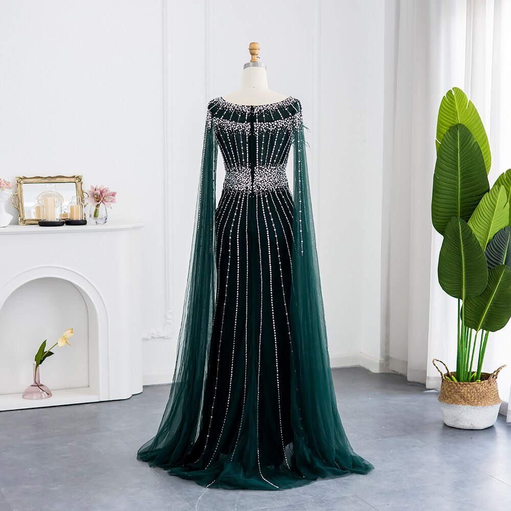 Luxury Feathers Silver Nude Evening Dress with Cape Sleeves SS348