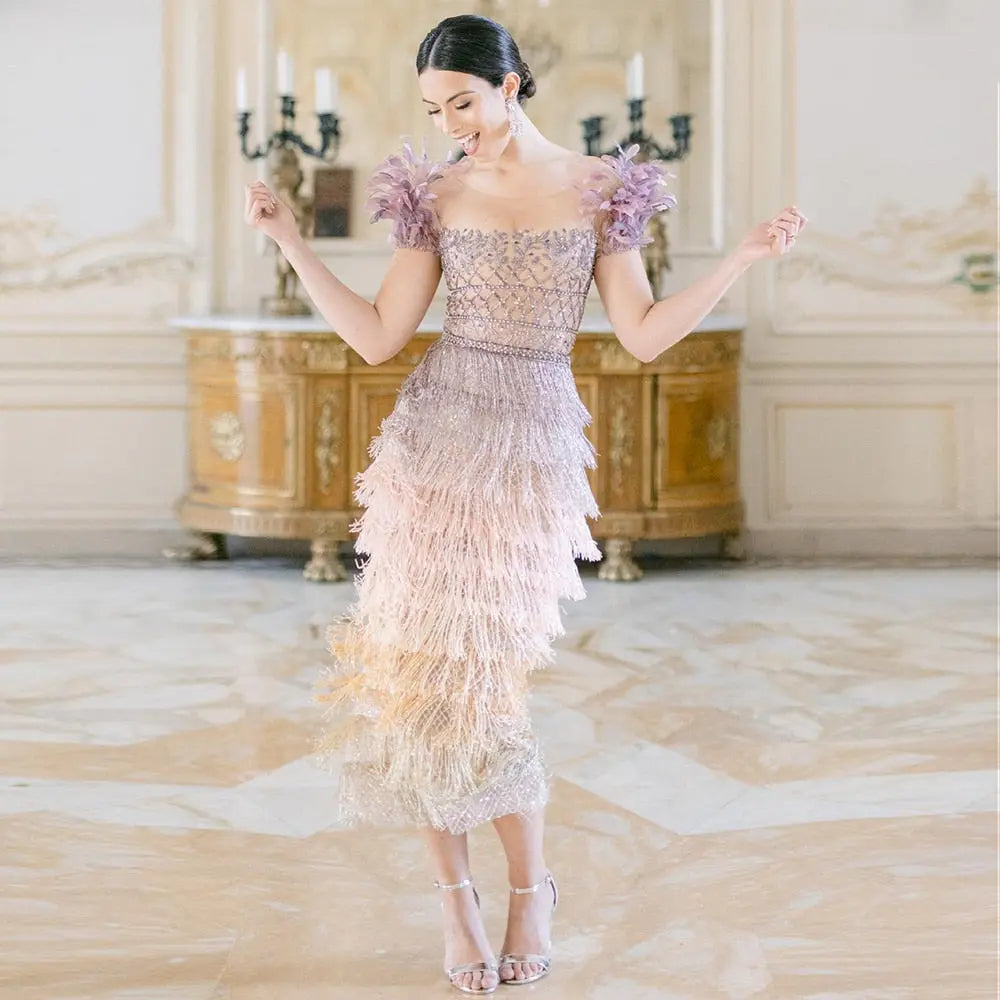 Luxury Feathers Tassel Lilac Evening Dress SS379