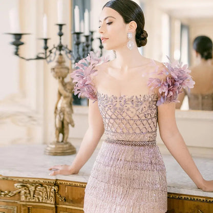 Luxury Feathers Tassel Lilac Evening Dress SS379