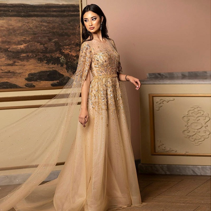 Luxury Crystal Gold A-Line Evening Dress with Cape Sleeves SS268