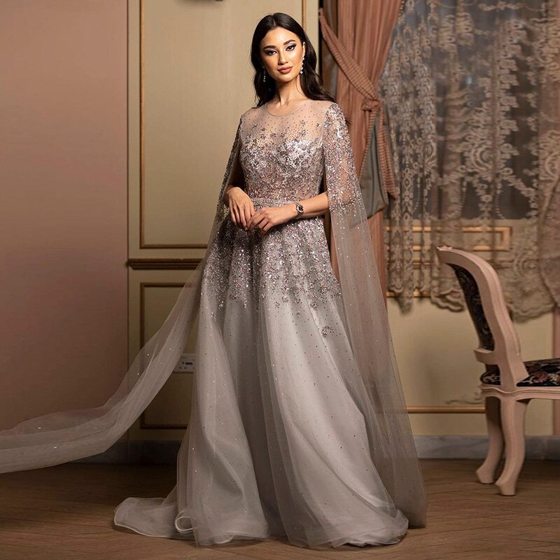 Luxury Crystal Gold A-Line Evening Dress with Cape Sleeves SS268