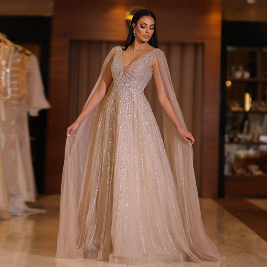 Luxury Beaded Nude Evening Dress with Cape Sleeves SS322