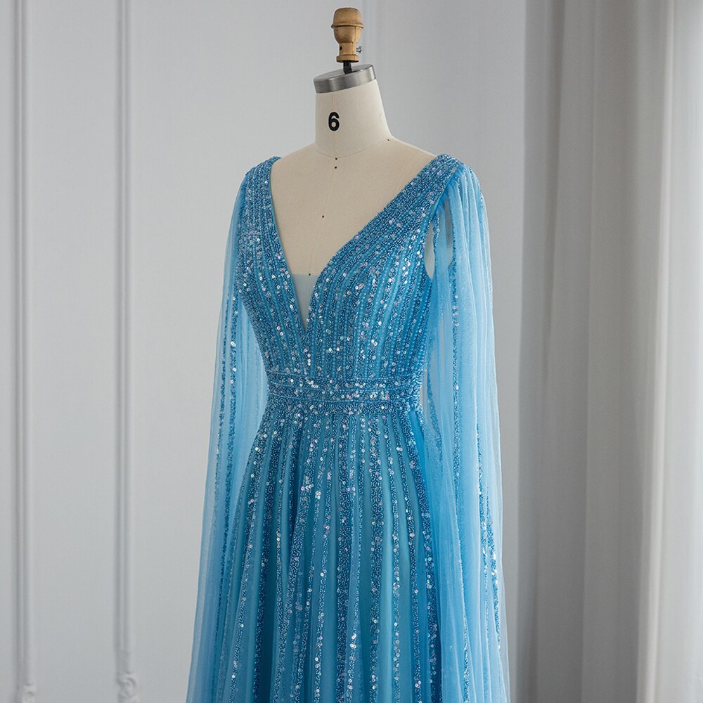 Luxury Beaded Nude Evening Dress with Cape Sleeves SS322