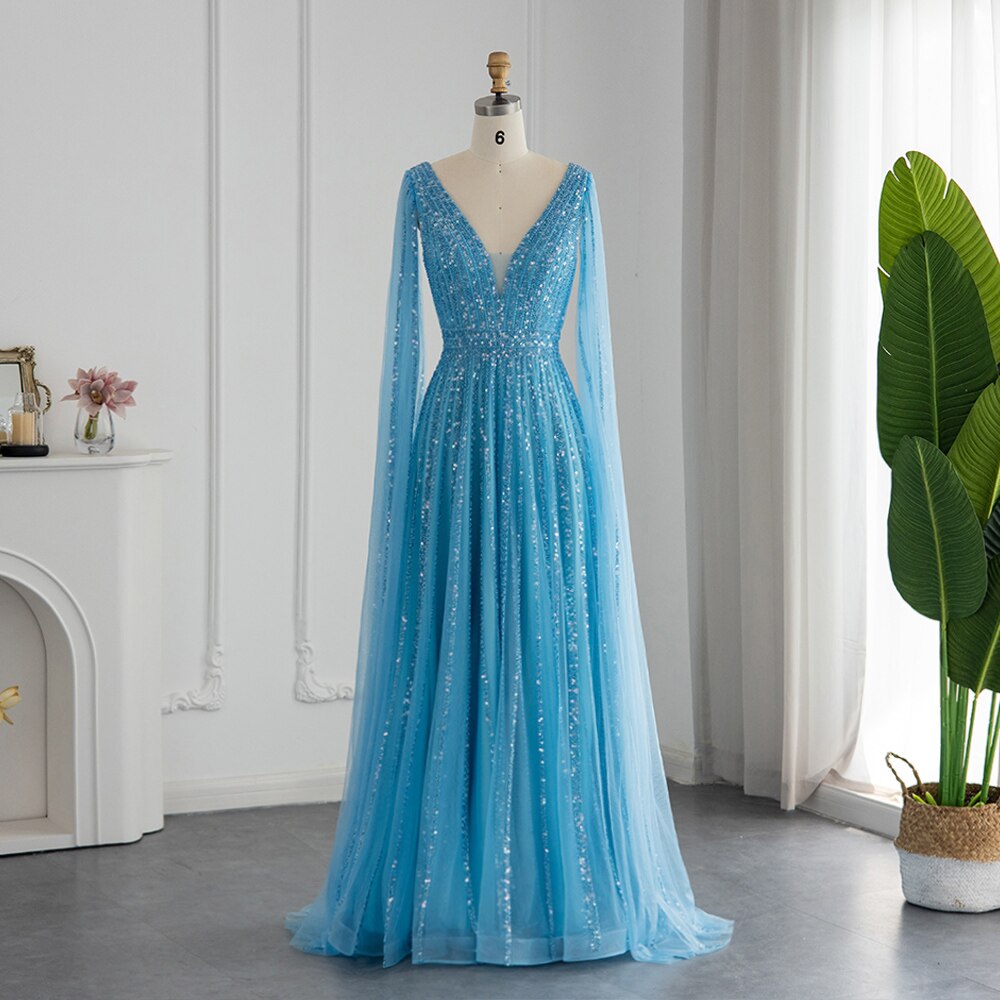 Luxury Beaded Nude Evening Dress with Cape Sleeves SS322