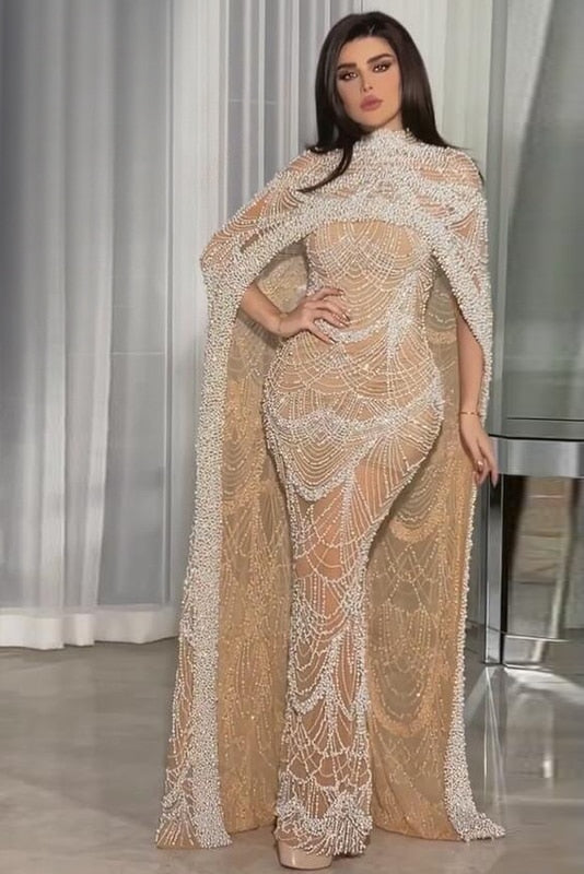 Luxury Pearls Mermaid Evening Dress with Cape SS369_