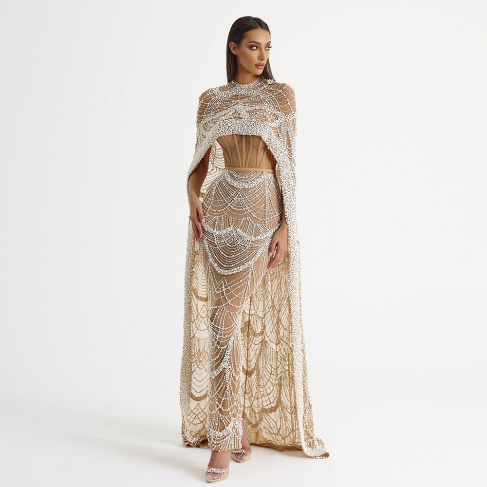 Luxury Pearls Mermaid Evening Dress with Cape SS369_
