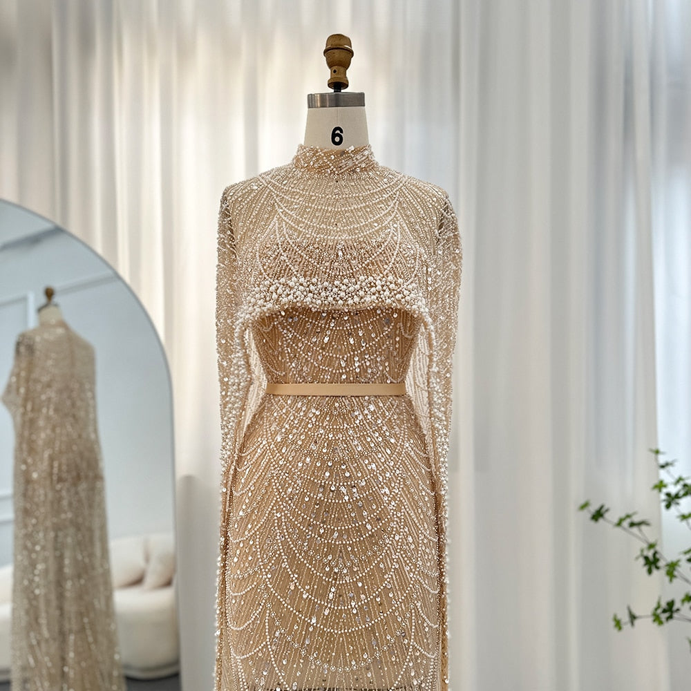 Luxury Pearls Champagne Mermaid Evening Dress with Cape SS369