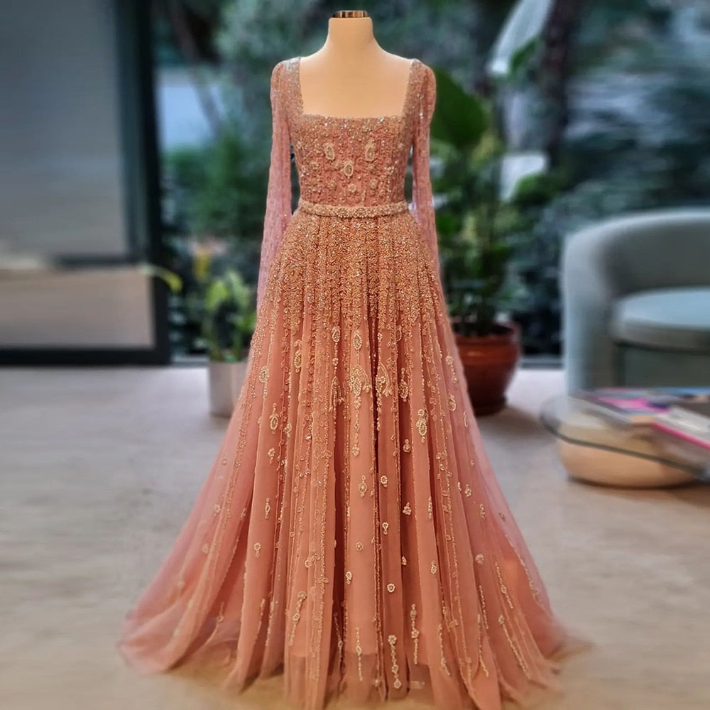 Luxury Beaded Pink Square Neck Cape Sleeves Evening Dress SS494