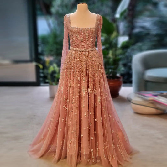 Luxury Beaded Pink Square Neck Cape Sleeves Evening Dress SS494
