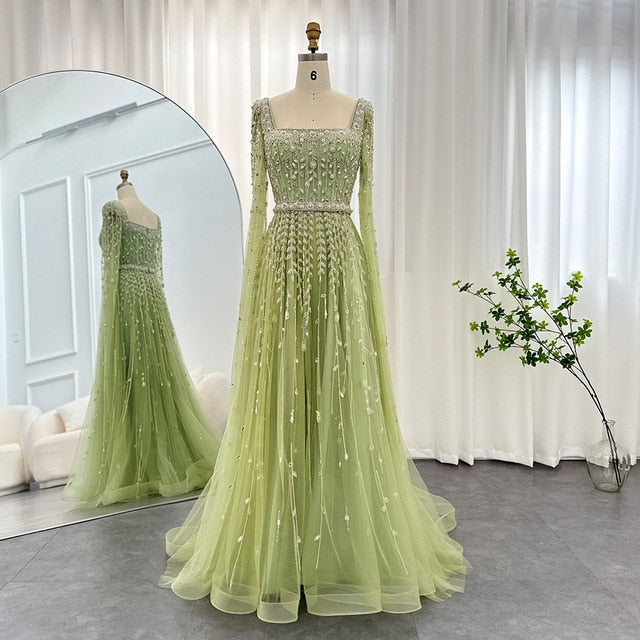 Luxury Beaded Pink Square Neck Cape Sleeves Evening Dress SS494