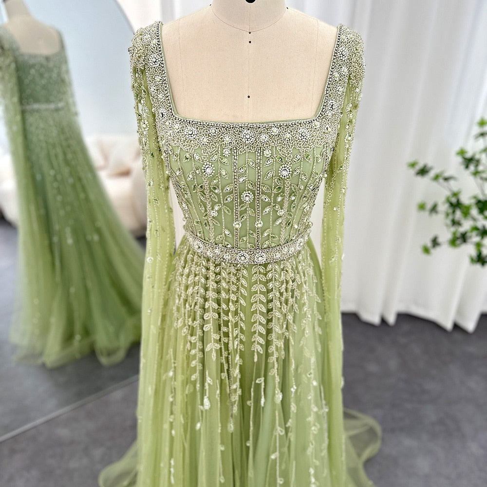 Luxury Beaded Pink Square Neck Cape Sleeves Evening Dress SS494