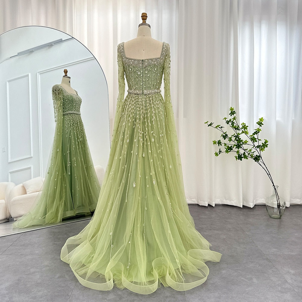 Luxury Beaded Pink Square Neck Cape Sleeves Evening Dress SS494