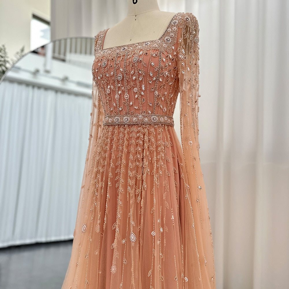 Luxury Beaded Pink Square Neck Cape Sleeves Evening Dress SS494