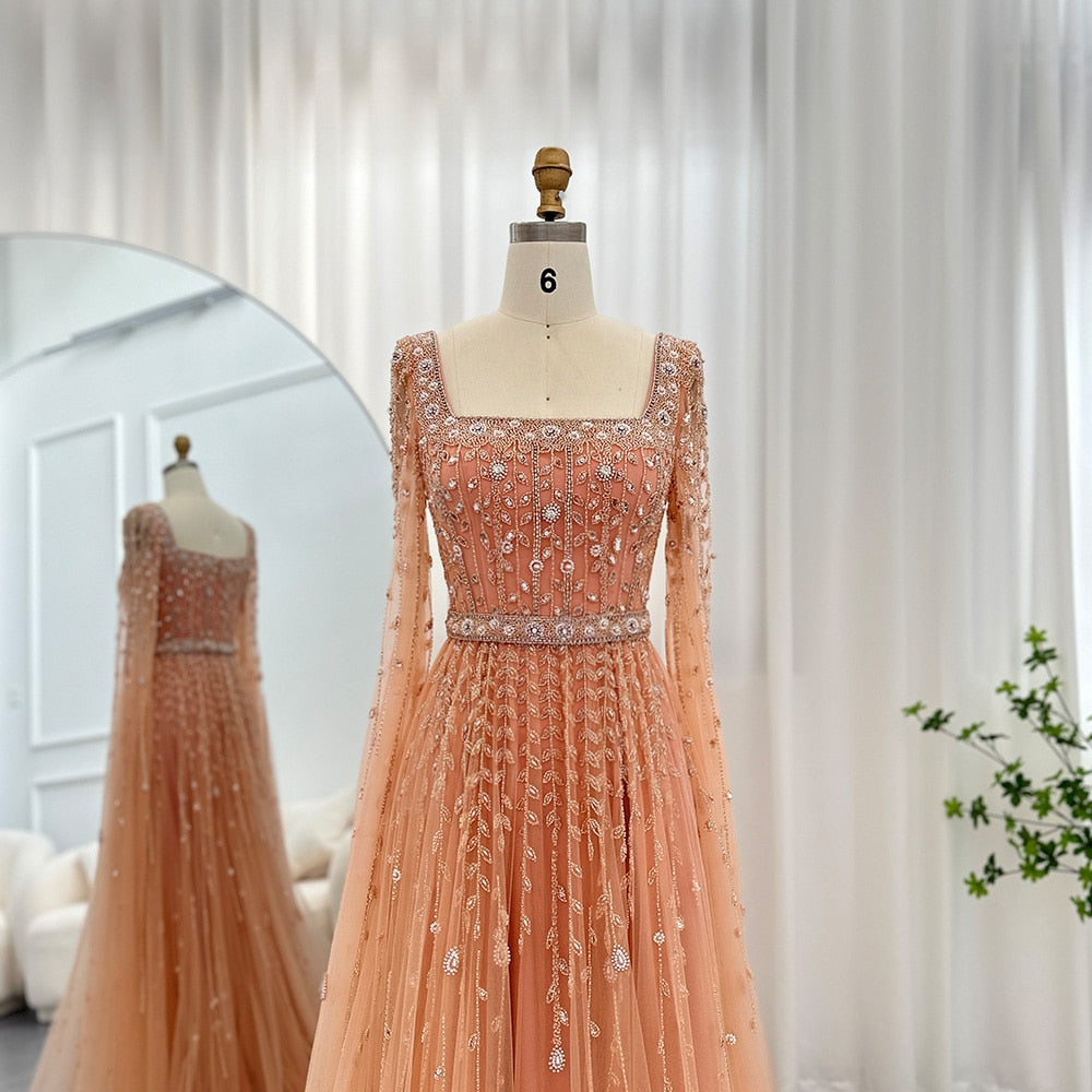 Luxury Beaded Pink Square Neck Cape Sleeves Evening Dress SS494