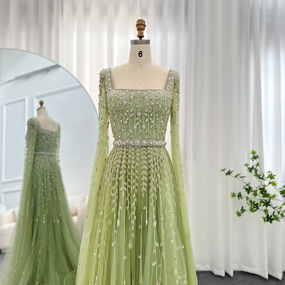 Luxury Beaded Pink Square Neck Cape Sleeves Evening Dress SS494