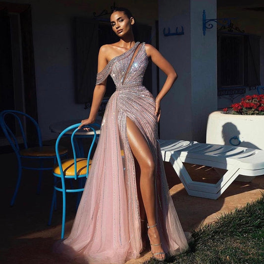 Luxury Rose Pink One Shoulder Mermaid Evening Dress with Slit SS337