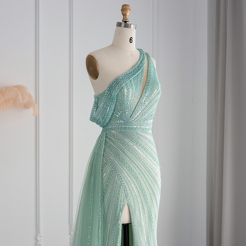 Luxury Rose Pink One Shoulder Mermaid Evening Dress with Slit SS337