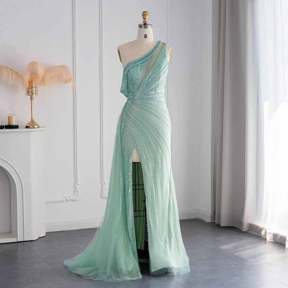 Luxury Rose Pink One Shoulder Mermaid Evening Dress with Slit SS337