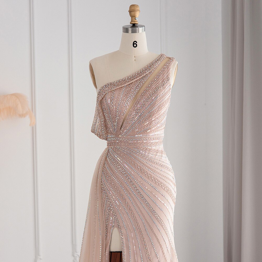 Luxury Rose Pink One Shoulder Mermaid Evening Dress with Slit SS337