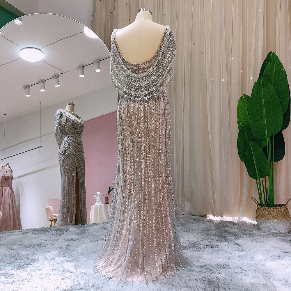 Luxury Beaded Silver Mermaid Evening Dress with Cape SS035