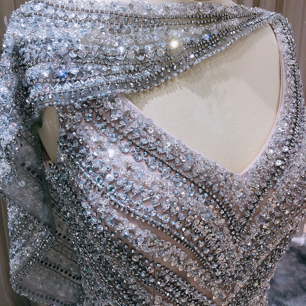 Luxury Beaded Silver Mermaid Evening Dress with Cape SS035
