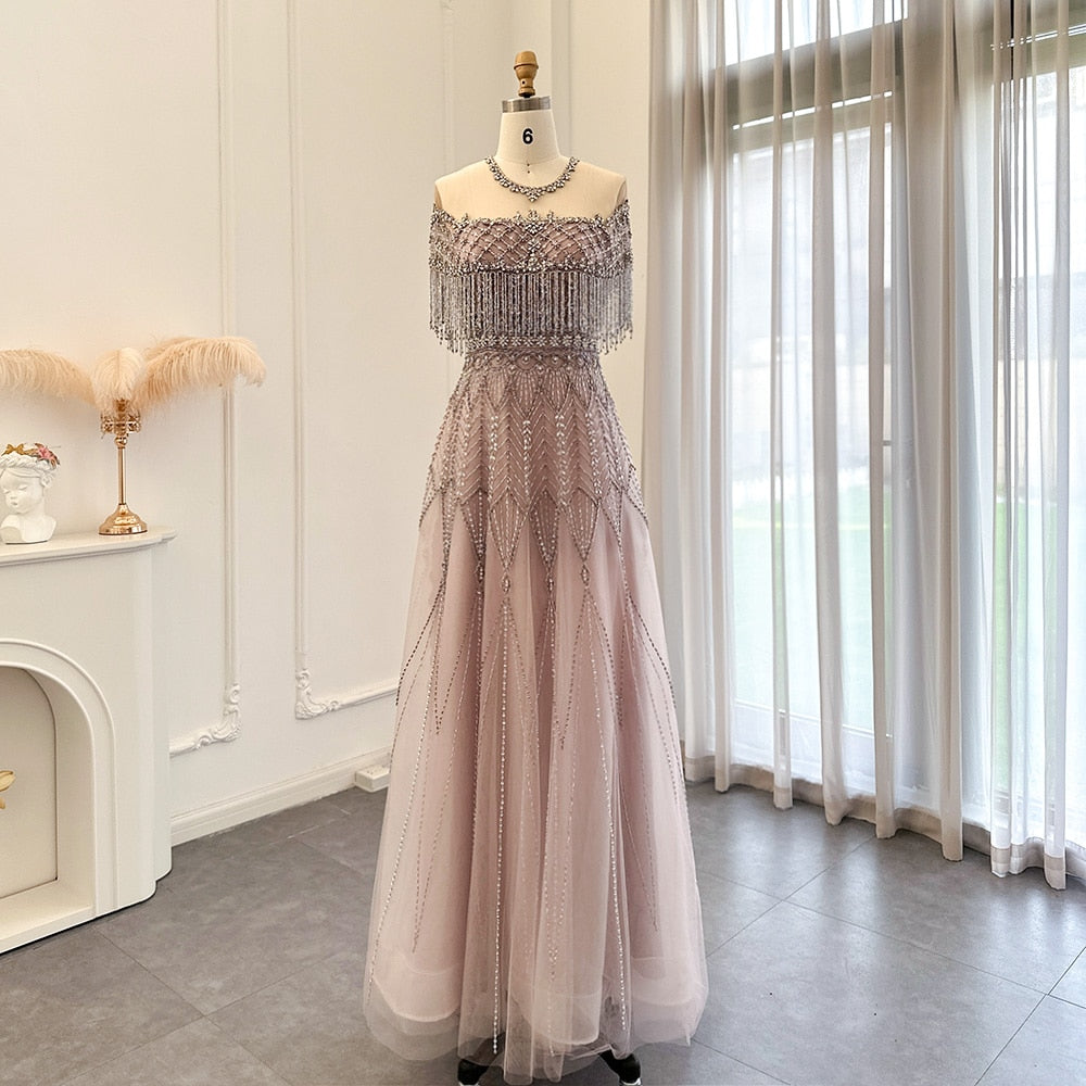 Luxury Tassel Dusk Heavy Beaded A-Line Evening Dresses SS061