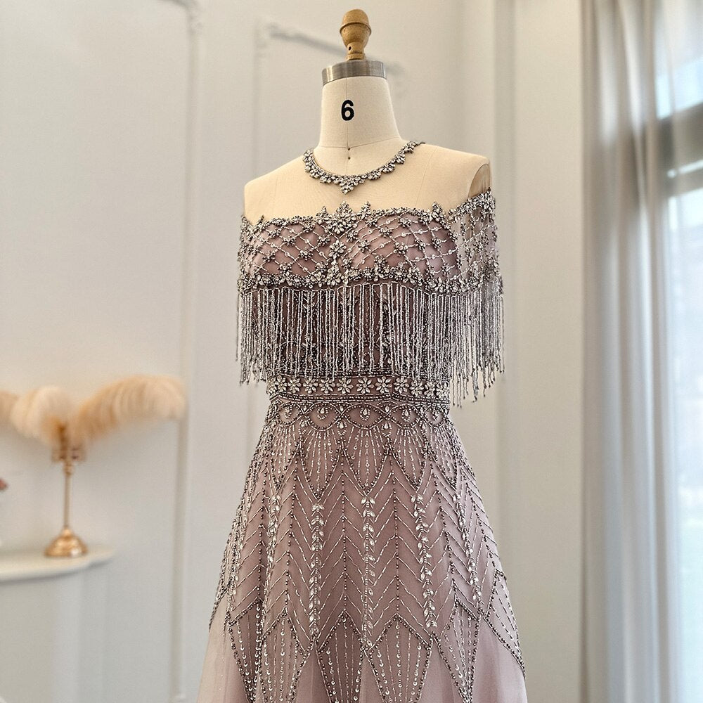Luxury Tassel Dusk Heavy Beaded A-Line Evening Dresses SS061