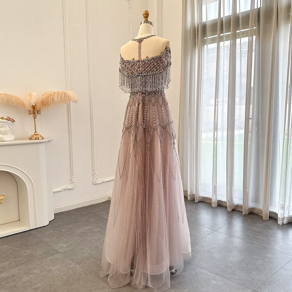 Luxury Tassel Dusk Heavy Beaded A-Line Evening Dresses SS061