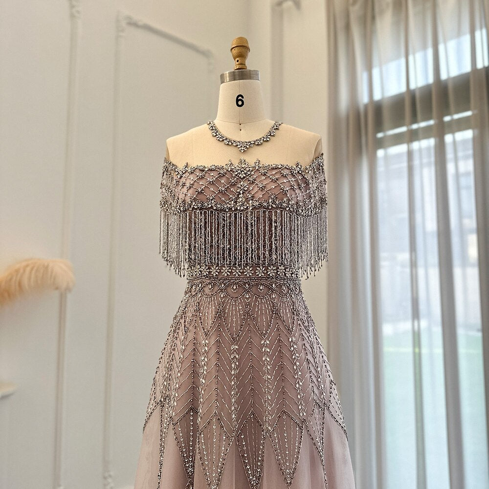 Luxury Tassel Dusk Heavy Beaded A-Line Evening Dresses SS061
