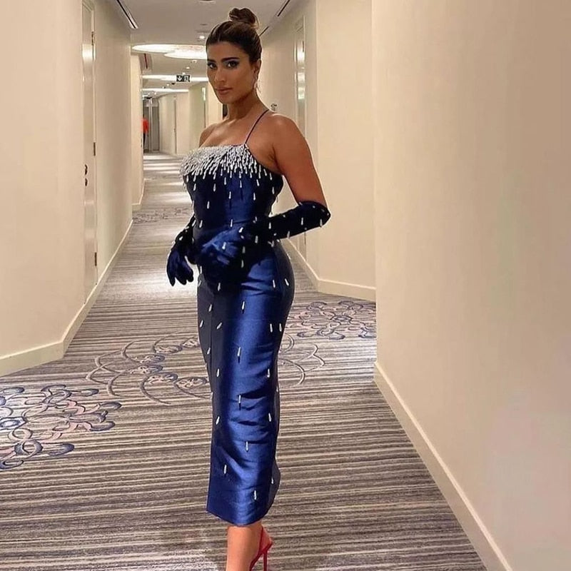 Luxury Crystal Navy Blue Spaghetti Straps Midi Evening Dress SS315