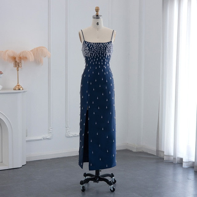 Luxury Crystal Navy Blue Spaghetti Straps Midi Evening Dress SS315