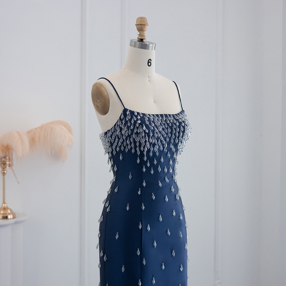 Luxury Crystal Navy Blue Spaghetti Straps Midi Evening Dress SS315