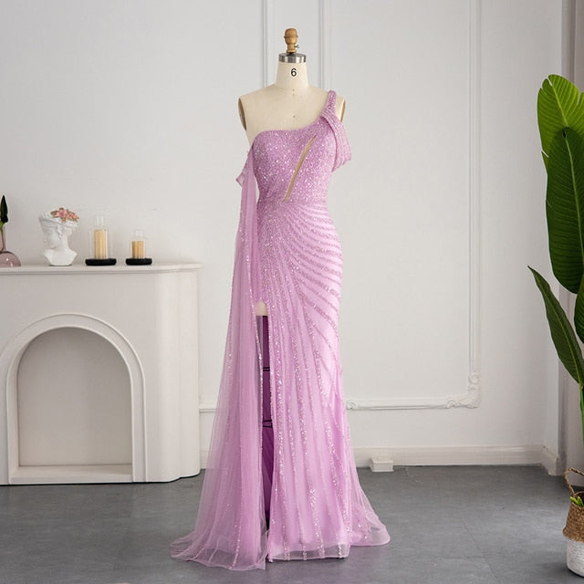 Sparkly Pink One Shoulder Evening Dress with Cape Sleeve SS320
