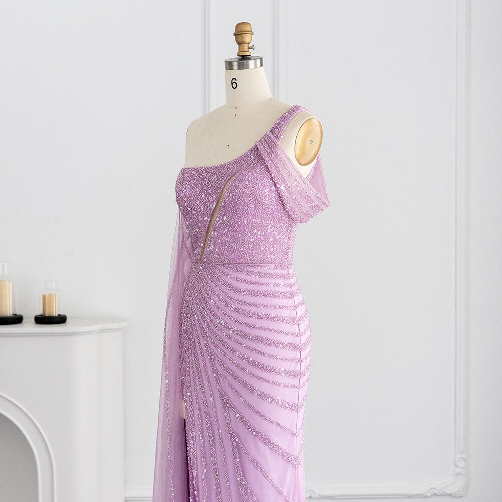 Sparkly Pink One Shoulder Evening Dress with Cape Sleeve SS320
