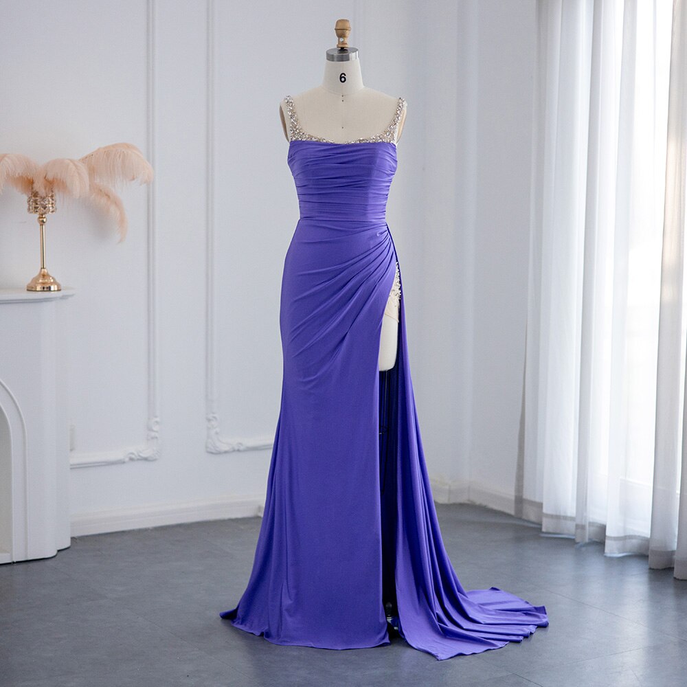 Luxury Crystal Pearls Purple Mermaid Evening Dress with Slit SH022