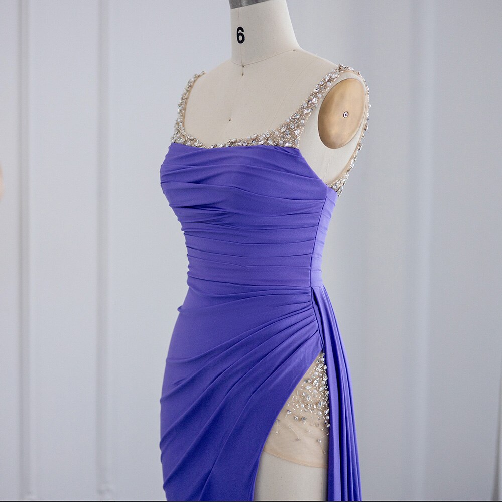 Luxury Crystal Pearls Purple Mermaid Evening Dress with Slit SH022