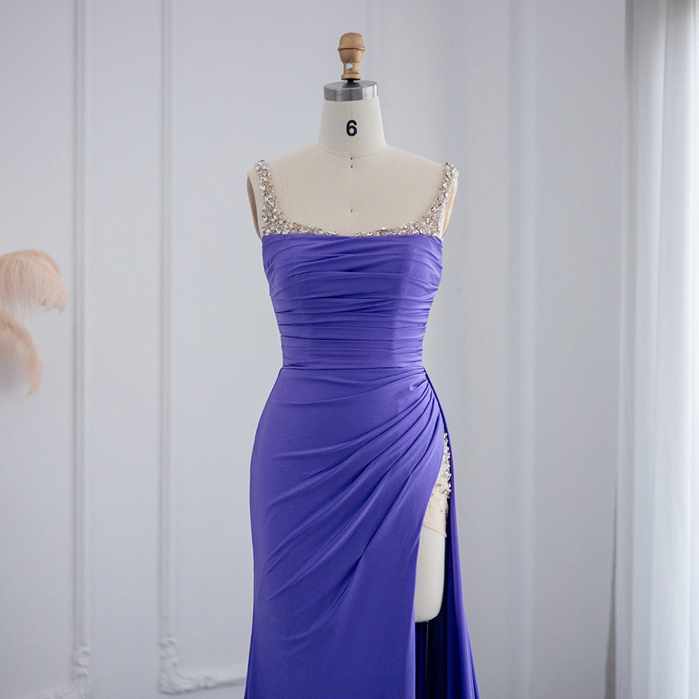 Luxury Crystal Pearls Purple Mermaid Evening Dress with Slit SH022