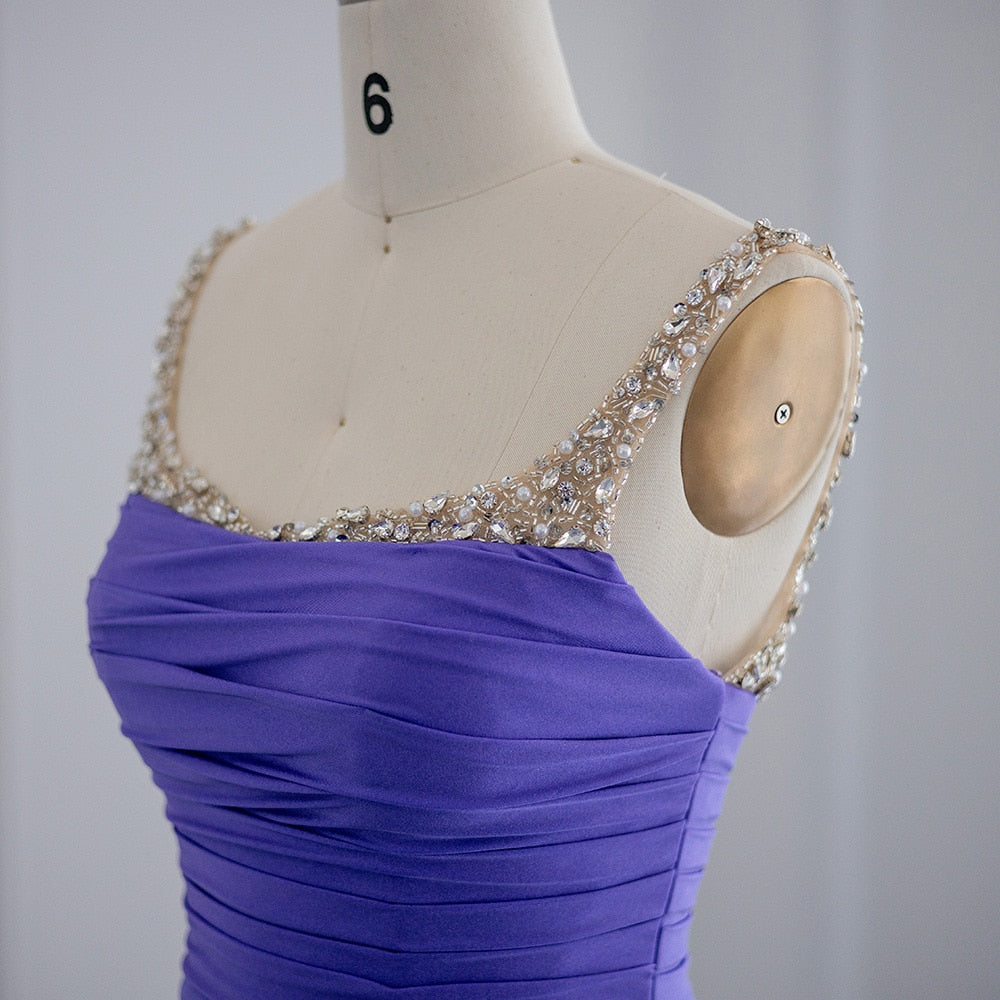 Luxury Crystal Pearls Purple Mermaid Evening Dress with Slit SH022