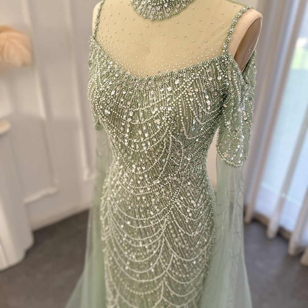 Elegant Sage Green Mermaid Evening Dress with Cape Sleeves SS205