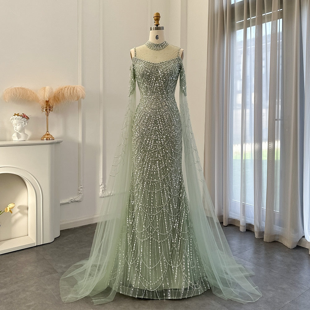 Elegant Sage Green Mermaid Evening Dress with Cape Sleeves SS205
