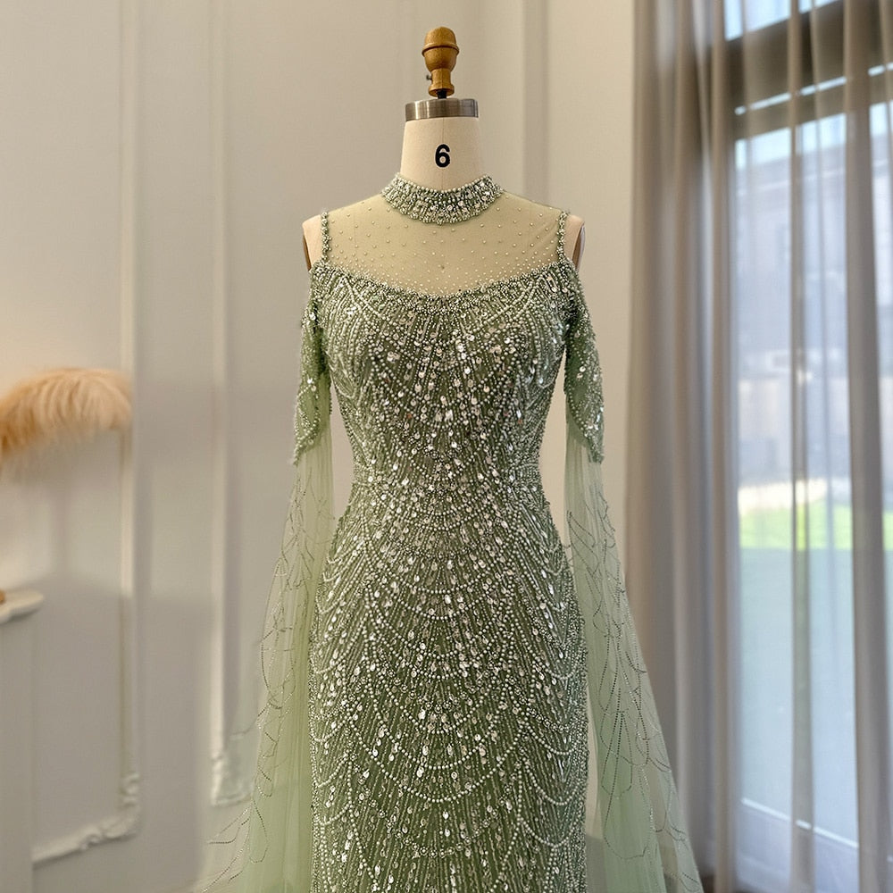 Elegant Sage Green Mermaid Evening Dress with Cape Sleeves SS205