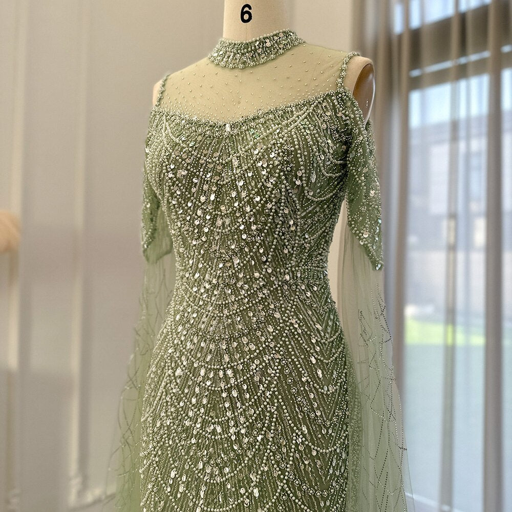 Elegant Sage Green Mermaid Evening Dress with Cape Sleeves SS205