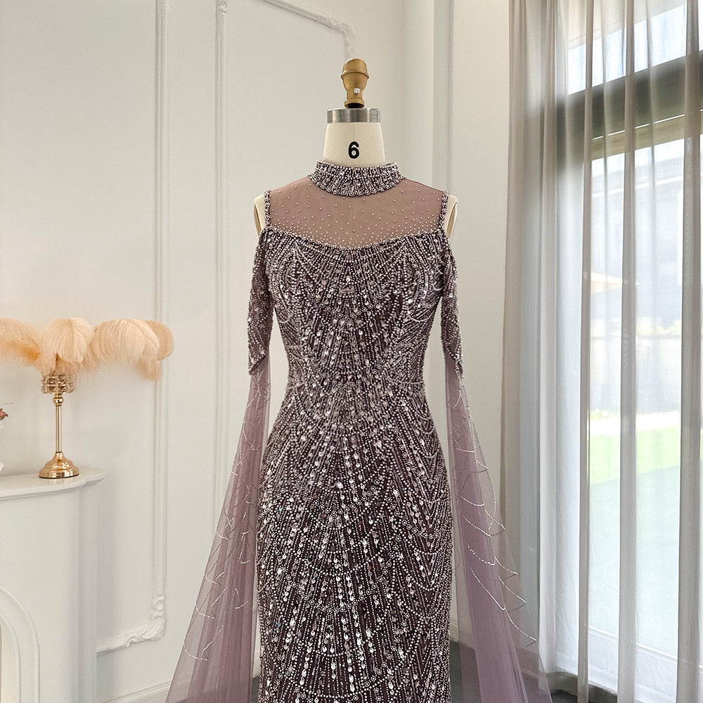 Elegant Sage Green Mermaid Evening Dress with Cape Sleeves SS205